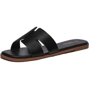 Rihero Womens Size 7 Black Sandals Flats Slip On Square Open Toe Slides Shoes